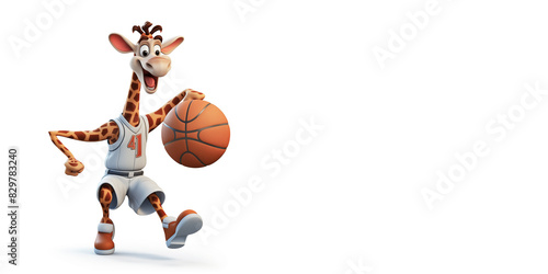A giraffe in sports clothes is playing basketball. An empty space for the text.