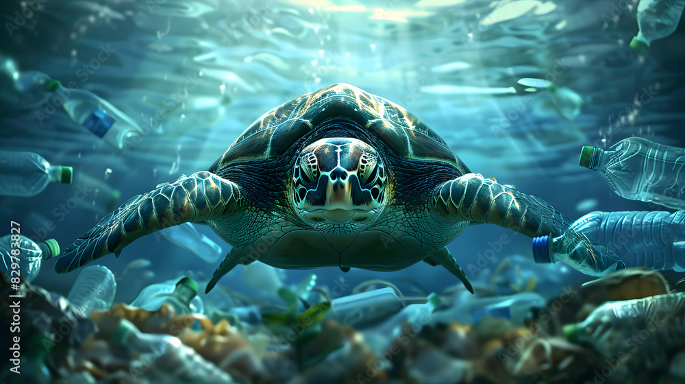 Fototapeta premium plastic pollution with turtle swimming underwater between discarded plastic bottles