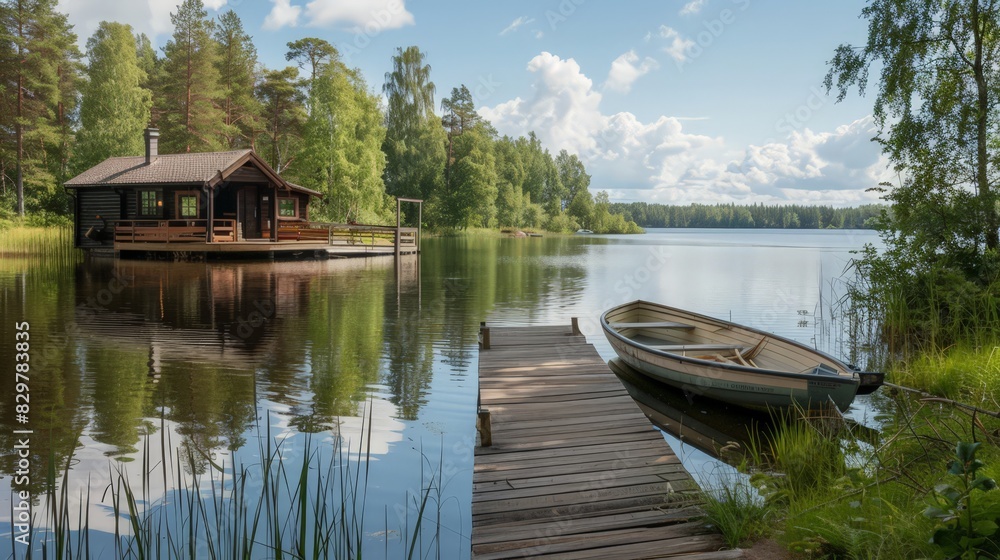 By a calm Finnish lake, a traditional wooden sauna cottage and a pier with a fishing boat create a picturesque summer landscape. By a calm Finnish lake, a traditional wooden sauna cottage and a pier with a fishing boat create a picturesque summer landscape.