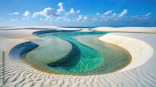 Fototapeta Naklejka Na Ścianę i Meble -  Lencois Maranhenses. A dazzling landscape of dunes and rain lakes. Natural rainwater pool in white sand desert. Nature and travel concept.