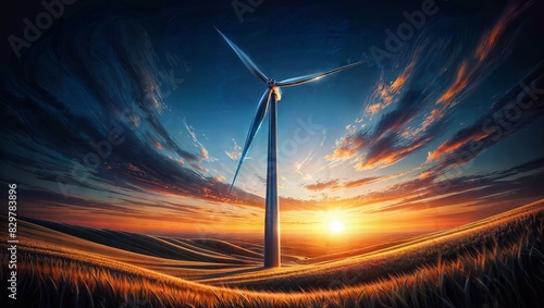 A serene sunset scene with a wind turbine standing tall on a rolling hill, its blades gently turning against a vibrant sky. The sun's warm glow illuminates the clouds and the golden grass. photo