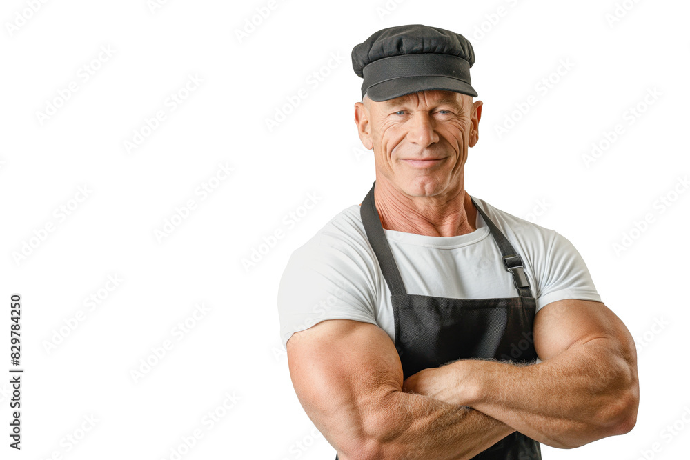 Muscular Middle-Aged Male Baker with Cap and Apron on White Background Muscular Middle-Aged Male Baker with Cap and Apron on White Background