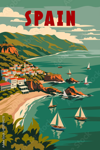 Spain travel poster, tropical resort bay view