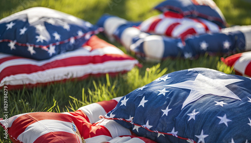 Closeup of American flag corn hole boards and red, white, and blue bean bags, midtoss action, sunny day, isolated on white background, copy space photo