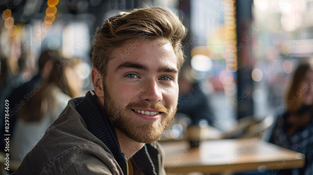 Handsome young man smiling at cafe. Portrait of a happy young man with a beard smiling at an outdoor cafe Handsome young man smiling at cafe. Portrait of a happy young man with a beard smiling at an outdoor cafe