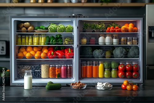 fruits and vegetables, Discover the epitome of modern healthy living with an open refrigerator brimming with a colorful array of fresh and nutritious food, set in a sleek, contemporary kitchen