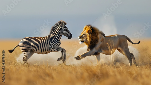 Zebra fighting a lion in the Savannah , confrontation concept