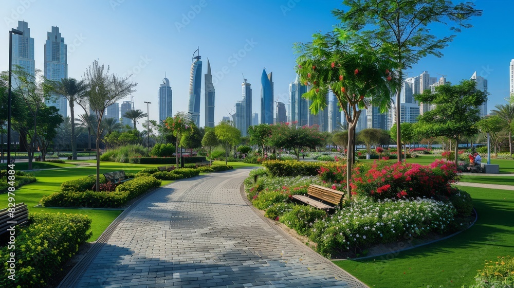 Fototapeta premium Develop a guide to green spaces and parks. Highlight popular spots like Safa Park, Dubai Miracle Garden, and Dubai Creek Park.