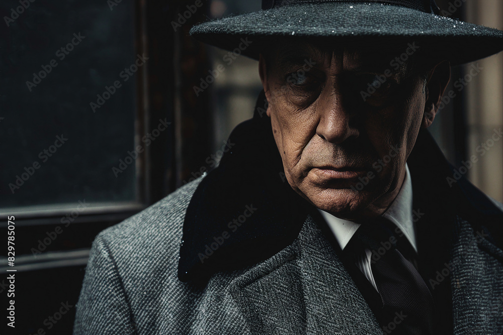 Generative AI image of man in coat in city detective and mafia