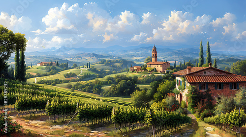 printable mural featuring panoramic view of sprawling vineyard Tuscany with rolling hills sundrenched fields and rustic farmhouses dotting the landscape capturing the essence of Italian wine country