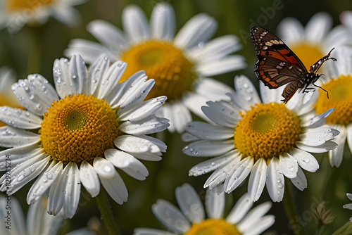 chamomile flowers  butterflies  dewdrops. Expressing tranquility and serenity.