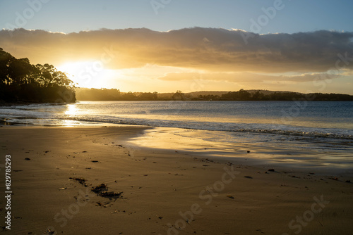 sunrise reflecting on the beach with golden light as waves roll in and water moves on the sand, calming waves