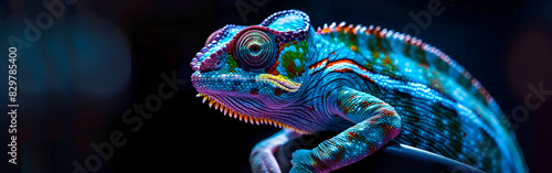 A majestic chameleon with vibrant colors radiating unique animal nature’s art on a dark background  © Pink