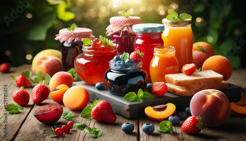assorted of fruit jam, marmelade in outdoors sun light photo