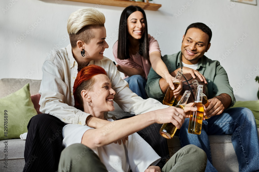 Fototapeta premium A diverse group of people, including a loving lesbian couple, sharing moments on a couch.