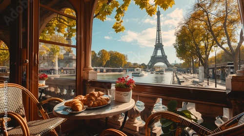 A charming Parisian café with fresh croissants and a view of the Eiffel Tower