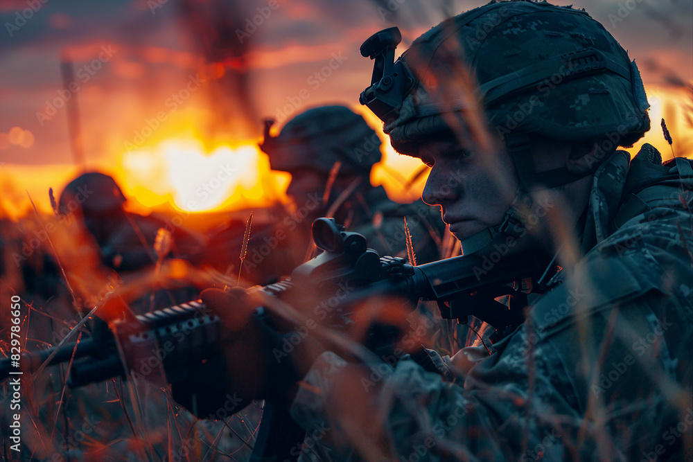 Generative AI image of military operation mission on silhouette sunset in field Generative AI image of military operation mission on silhouette sunset in field