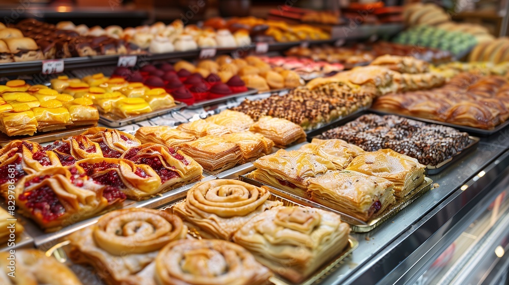 A Turkish pastry shop with a variety of sweet and flaky baklava
