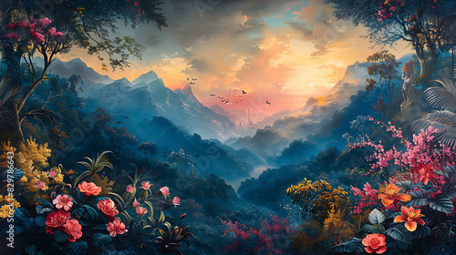 printable mural featuring panoramic view of lush rainforest canopy towering trees exotic birds a riot of color stretching as far as the eye can see creating a vibrant and immersive jungle experience