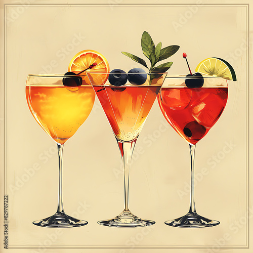 minimalistic old school poster, cocktails, drinks, alcohol photo