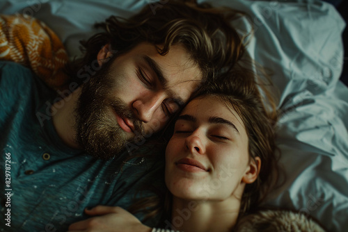 Generated with ai picture of a beautiful loving happy cute couple lying comfy bed at home