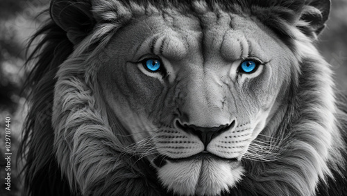 A black and white photo of a lion with bright blue eyes.