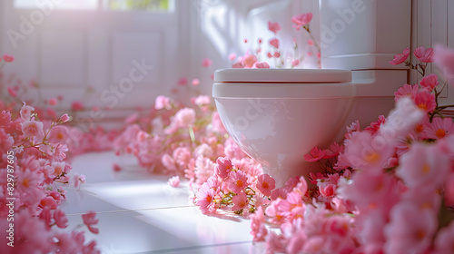 Perfumed bathroom with toilet concept with toilet full of flowers for a good smell
