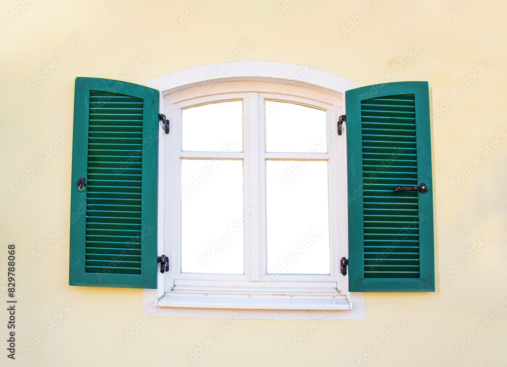 Fototapeta premium open window with green wooden shutters,mockup