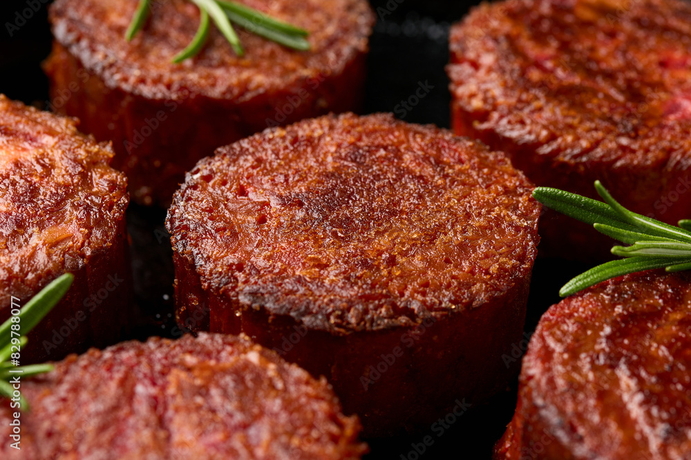 Pan grilled, plant based vegan meat steak with herbs. Alternatives meat. Eco friendly healthy food, Pan grilled, plant based vegan meat steak with herbs. Alternatives meat. Eco friendly healthy food,