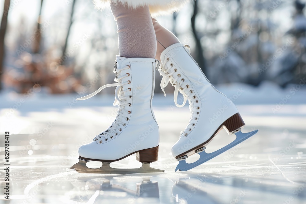 Elegant woman ice skating in white figure skates, showcasing winter sports artistry Elegant woman ice skating in white figure skates, showcasing winter sports artistry