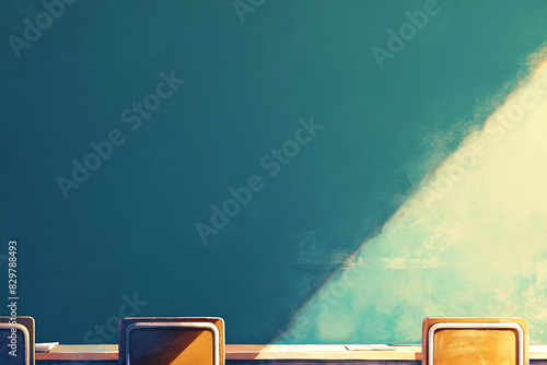 Sunlit classroom with empty desks and chairs photo