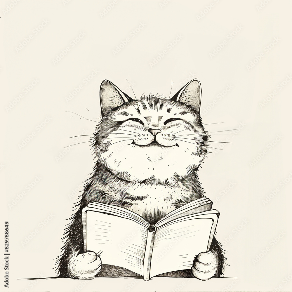 Wise cat reading book, black and white, illustration style. AI generated.