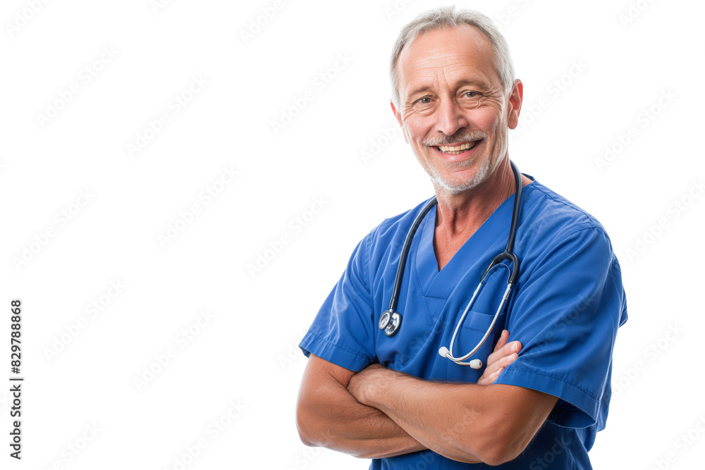 Smiling Middle-Aged Doctor in Blue Scrubs with Stethoscope Smiling Middle-Aged Doctor in Blue Scrubs with Stethoscope
