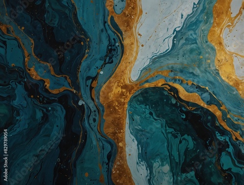 Liquid marble design featuring a blend of blue, green, and golden hues in an abstract composition.