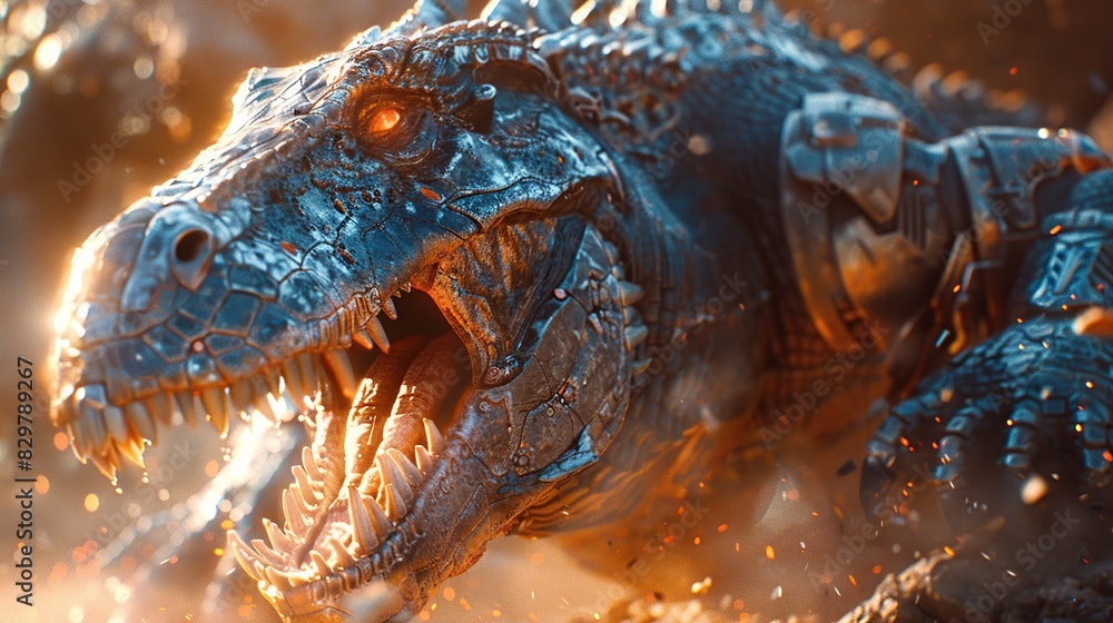 An Epic Confrontation: Ancient Animal Faces Cyborg in Intense Illumination An Epic Confrontation: Ancient Animal Faces Cyborg in Intense Illumination