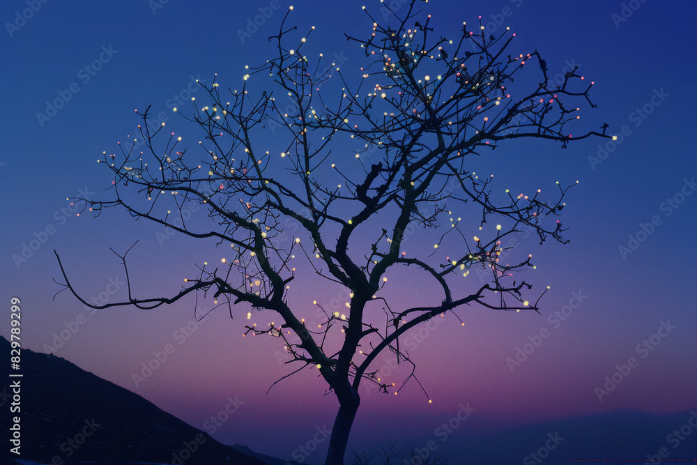 Leafless tree adorned with lights at dusk Leafless tree adorned with lights at dusk