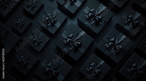 Black gift boxes with black ribbon on a dark background, viewed from above. A concept for a Black Friday sale. A flat layout composition for a banner design or advertising promotion of the holiday. photo