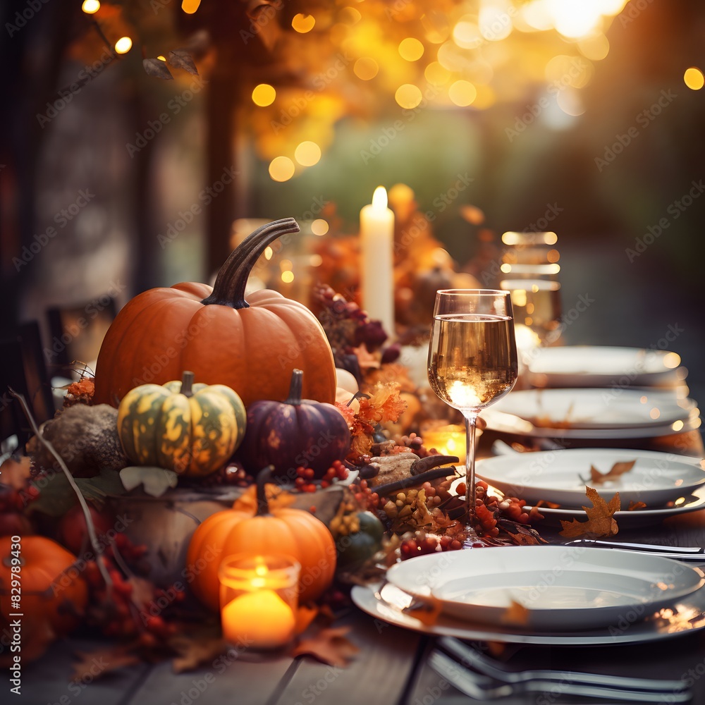A beautifully decorated table setting for an autumn celebration. Thanksgiving table. Generative AI. A beautifully decorated table setting for an autumn celebration. Thanksgiving table. Generative AI.