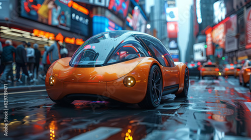 A sleek orange futuristic car with a reflective surface drives through a vividly lit city street as raindrops cover the windshield