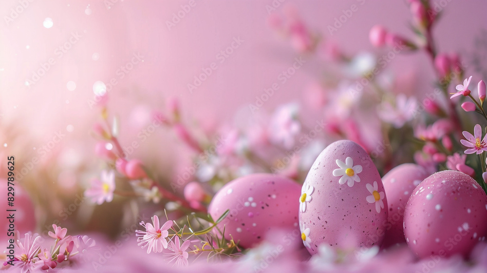 A close-up of pink and white Easter eggs with flowers in the background, creating a festive mood. A close-up of pink and white Easter eggs with flowers in the background, creating a festive mood.