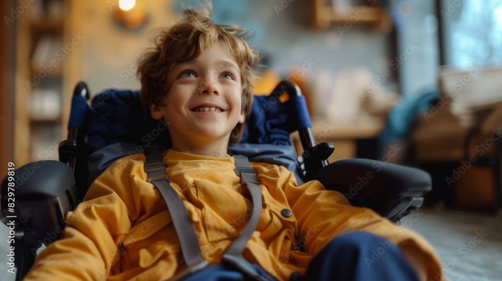 Optimistic young boy in a wheelchair looks upwards with a dreamy and hopeful expression