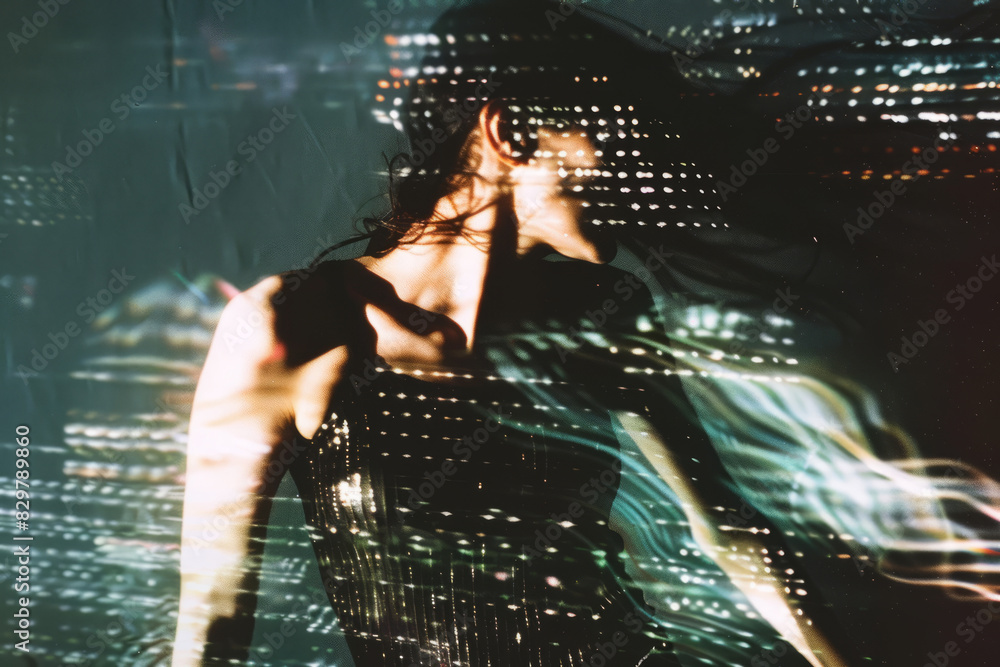 Abstract woman with artistic light effects and digital patterns