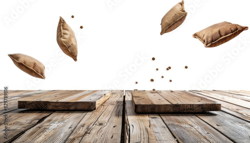 Closeup of corn hole boards and bean bags in action, midair toss, dynamic motion blur, on a rustic wooden deck, isolated with white background, copy space photo