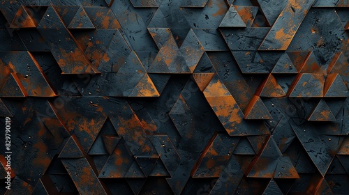 Abstract background of dark blue and copper triangles, triangular geometric wallpaper with rust texture, metal wall pattern for interior design, 3d rendering photo