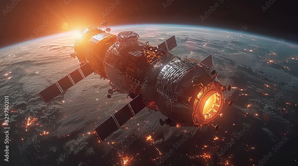 A highly detailed image of a futuristic spaceship orbiting Earth during sunrise A highly detailed image of a futuristic spaceship orbiting Earth during sunrise