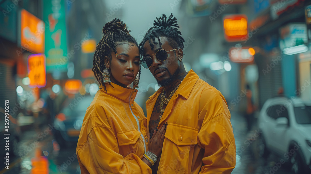 An urban couple dressed in yellow, posing confidently in a street with neon lights at night