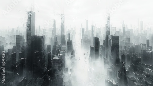 A panoramic view of a futuristic city enveloped in mist, with towering skyscrapers fading into the background