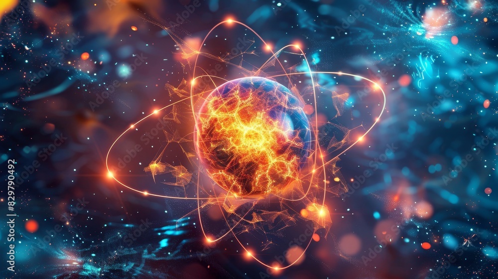 Obraz premium Detailed atomic structure with vibrant protons, neutrons, and electrons orbiting the nucleus.