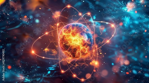 Detailed atomic structure with vibrant protons  neutrons  and electrons orbiting the nucleus.