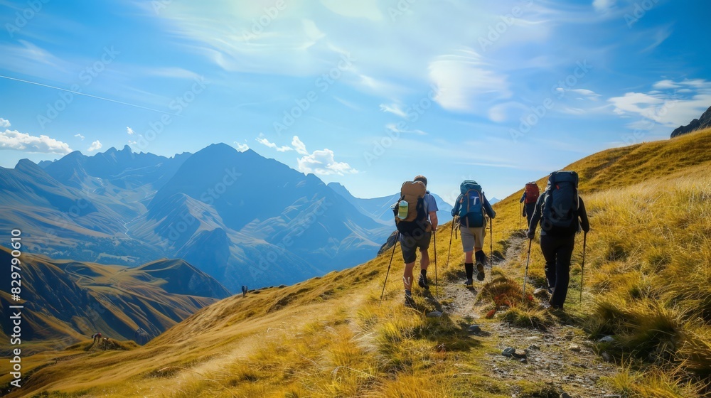 Obraz premium Embark on an exhilarating mountain trekking adventure, where every step brings you closer to breathtaking vistas and the thrill of conquering rugged terrain. 